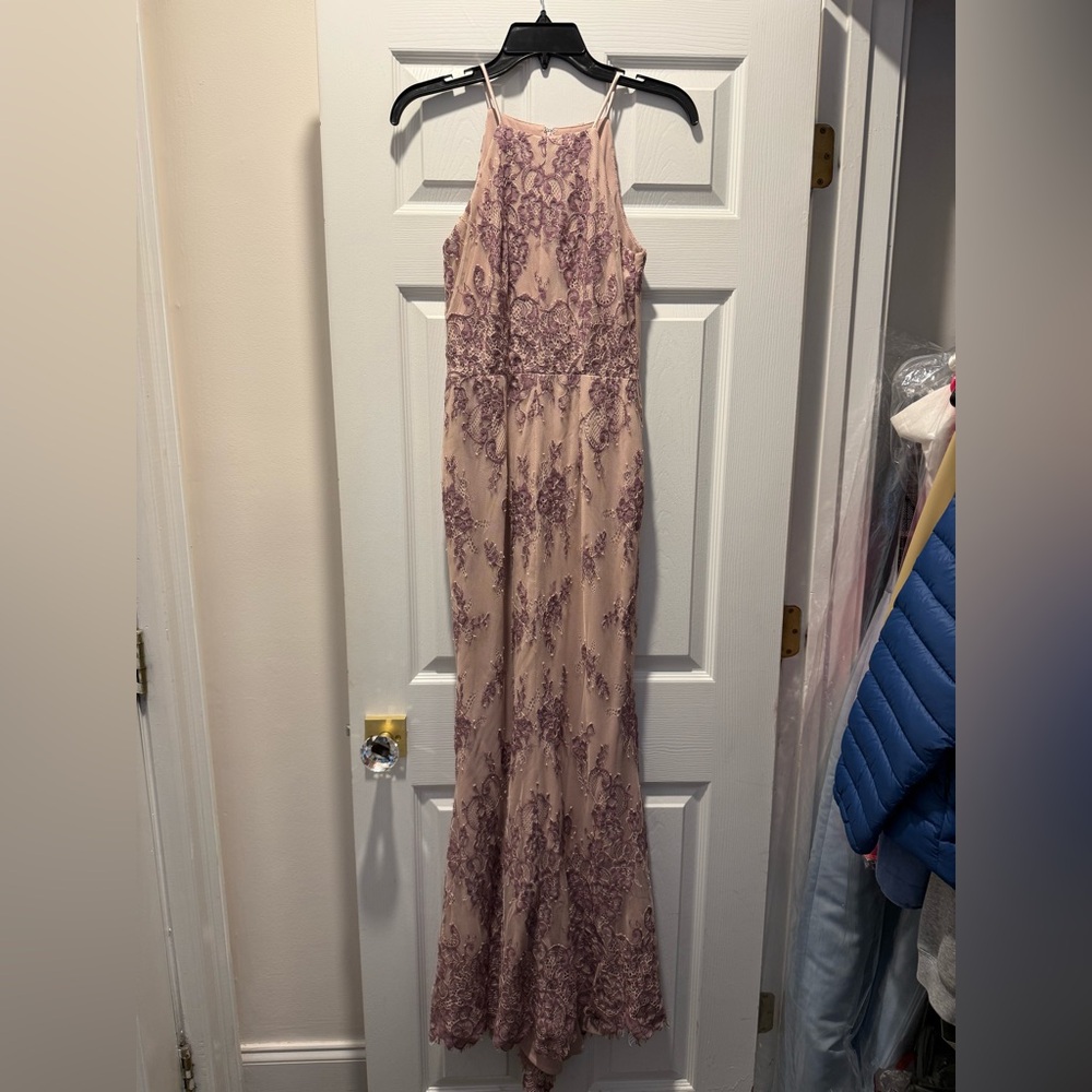 BHLDN Blush Halter Lace Prom Gown with Mauve Embroidery
